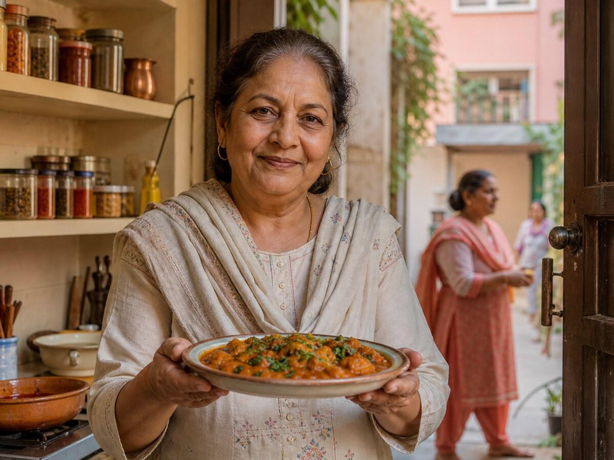 A Nomio home chef presenting a fresh home-cooked curry at her doorstep