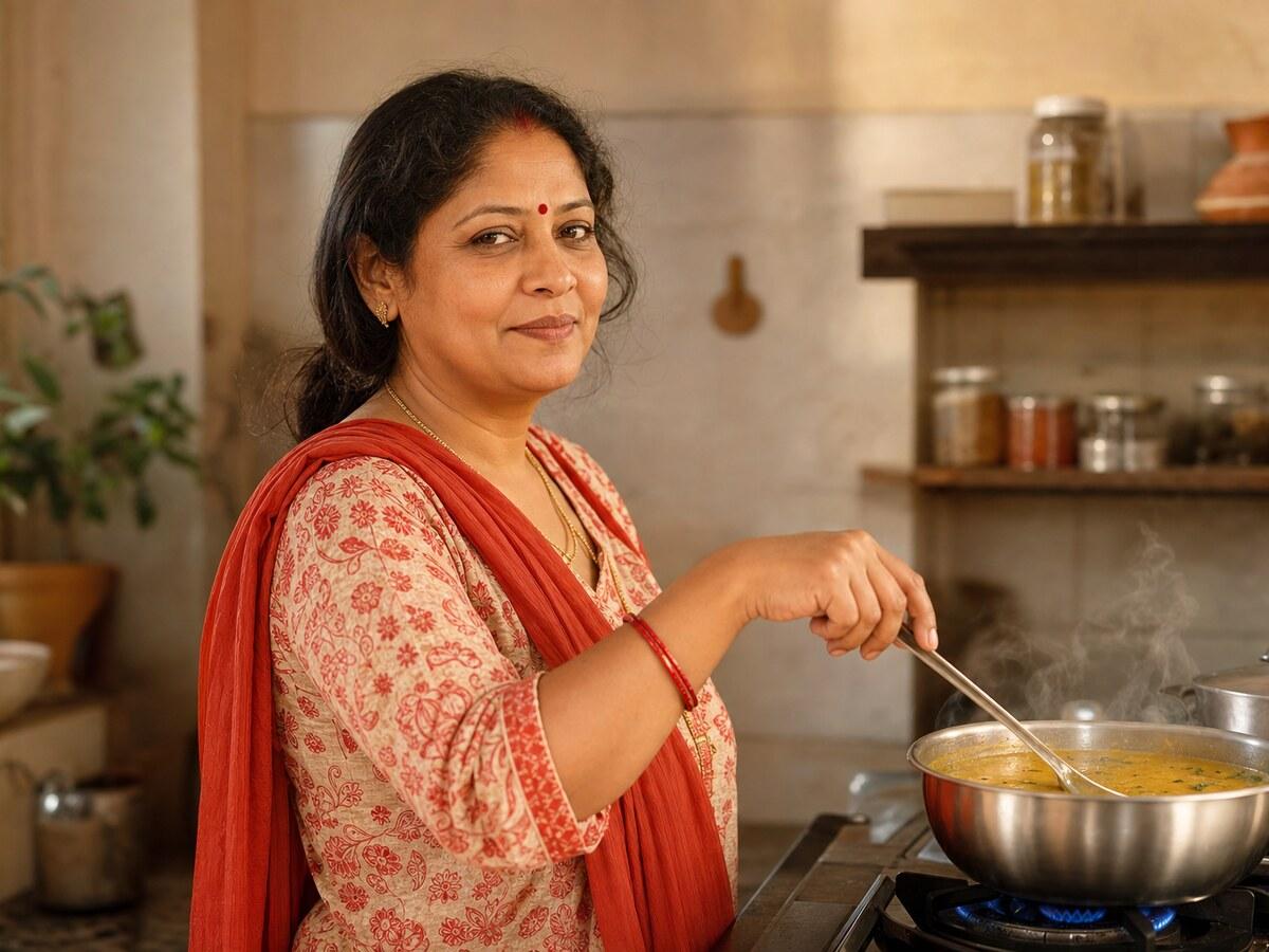 A verified Nomio home chef cooking fresh dal in her home kitchen