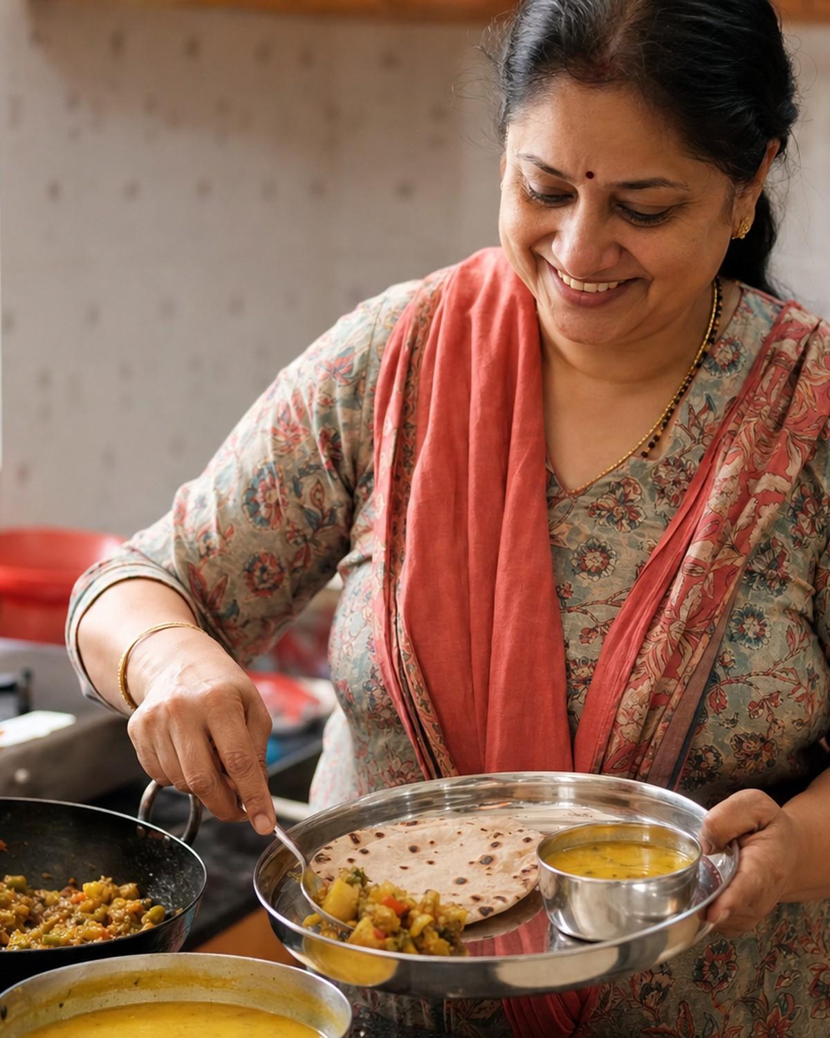 A proud home chef plating a fresh thali in her kitchen
