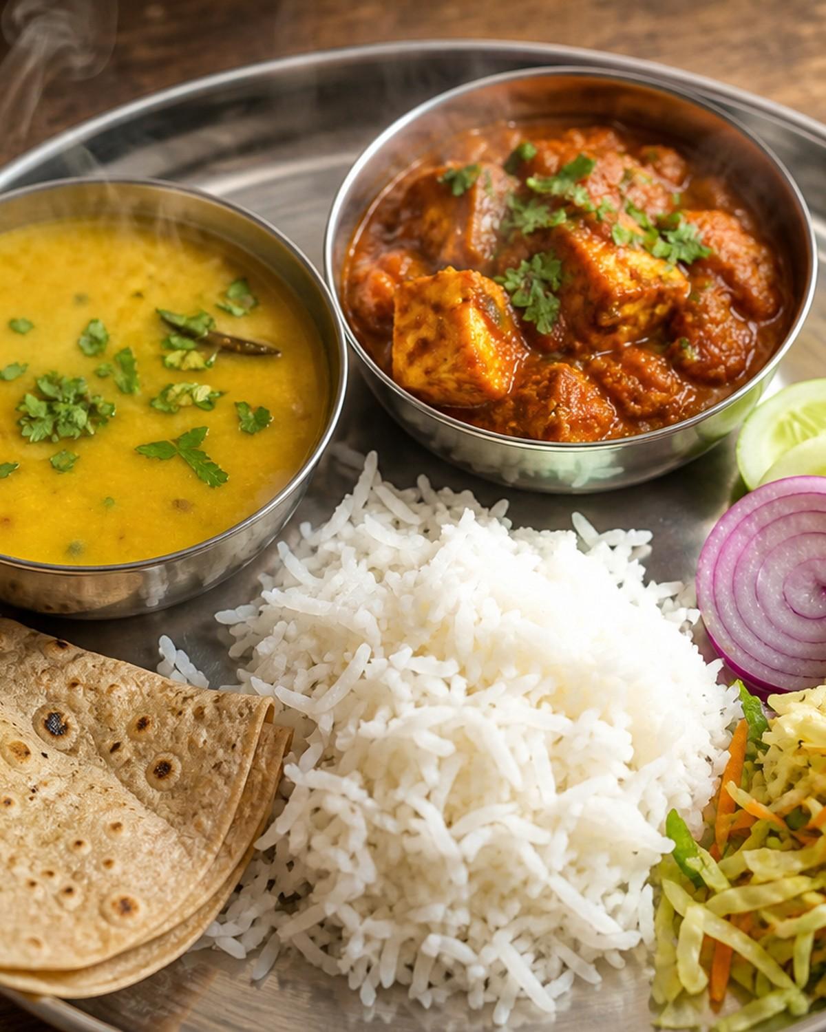 A steaming home-cooked Indian thali