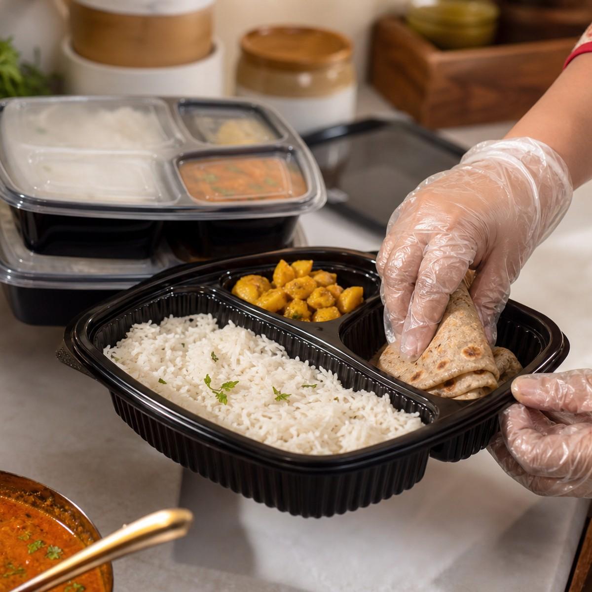 Gloved hands packing meals during a hygiene and quality check