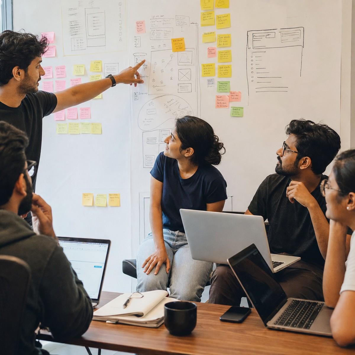 A founder-led team huddle around a wall of sticky notes