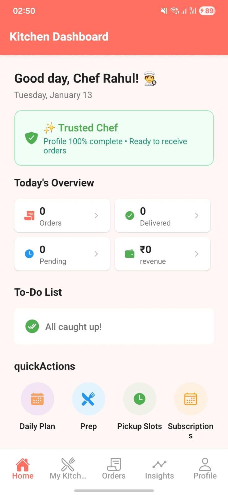 Chef home screen