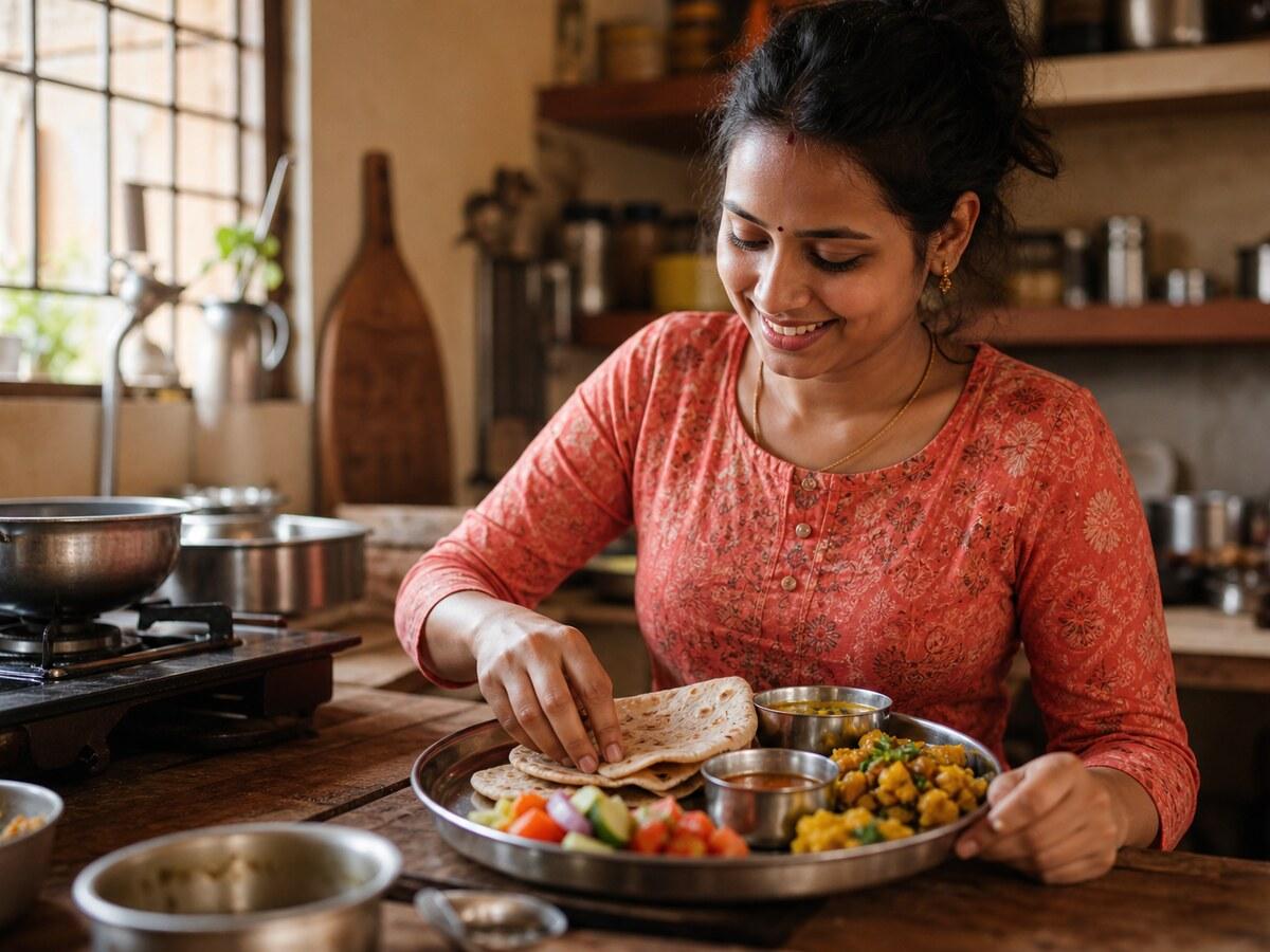 A verified Nomio home chef preparing a fresh home-cooked thali in her own kitchen