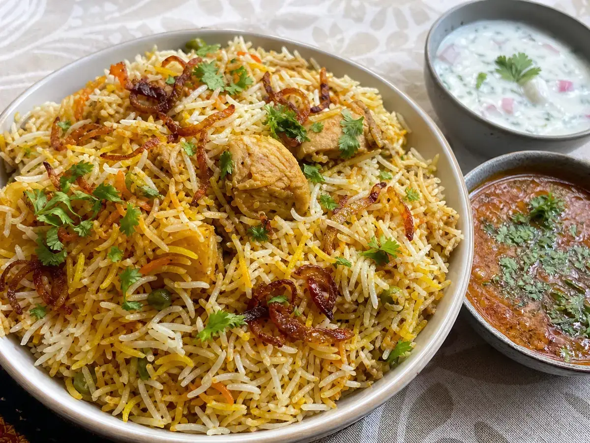 Home-cooked chicken biryani with raita, freshly prepared by a Nomio home chef