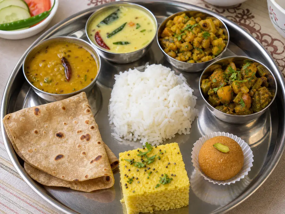 Homemade Gujarati thali with dal, kadhi, shaak, rotli and rice from a verified home chef