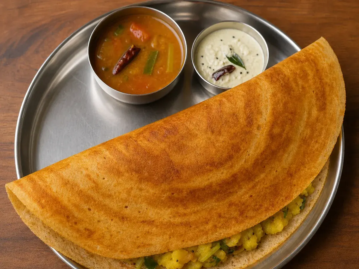 Home-cooked crispy masala dosa with sambar and coconut chutney, delivered fresh in Noida